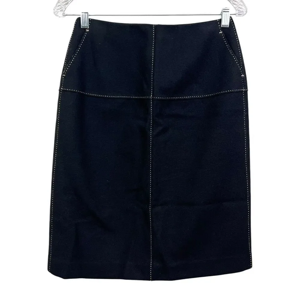 J. Crew Women Wool Blend Pencil Skirt Topstitch Slit Pockets Lined Black Size 2*